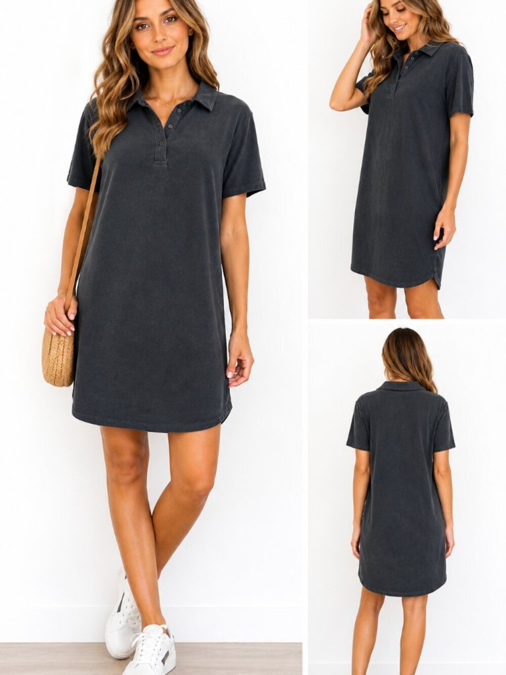 Dylan Grey Short Sleeve Polo Collared Soft Washed Shirtdress Size Large